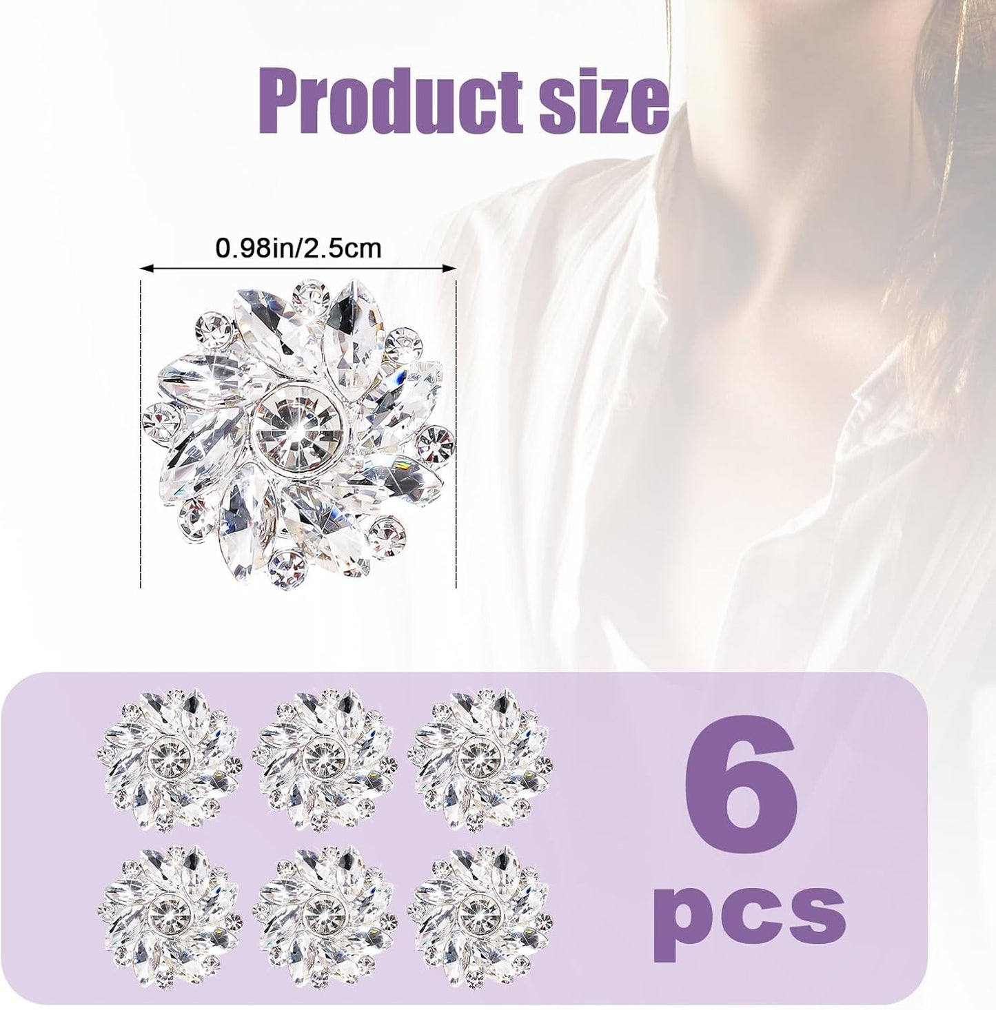 6 Pieces Decorative Rhinestone Button Set, 0.98 Inch Diameter, Detachable Snap Clear Crystal Jewelry Cufflinks for Women Men Suit Cuffs Dress Shirt Accessories