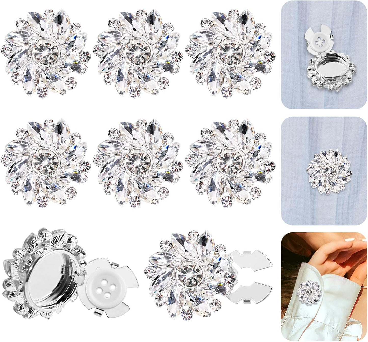 6 Pieces Decorative Rhinestone Button Set, 0.98 Inch Diameter, Detachable Snap Clear Crystal Jewelry Cufflinks for Women Men Suit Cuffs Dress Shirt Accessories