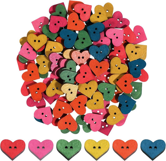 100pcs Wooden Sewing Buttons, Heart Shaped Rustic Colored Buttons with 2 Holes, Wooden Craft Buttons, Clothes DIY Sewing Accessories for Decorating Sewing Supplies, Scrapbooking, Crochet, Painting, Handmade Jewelry