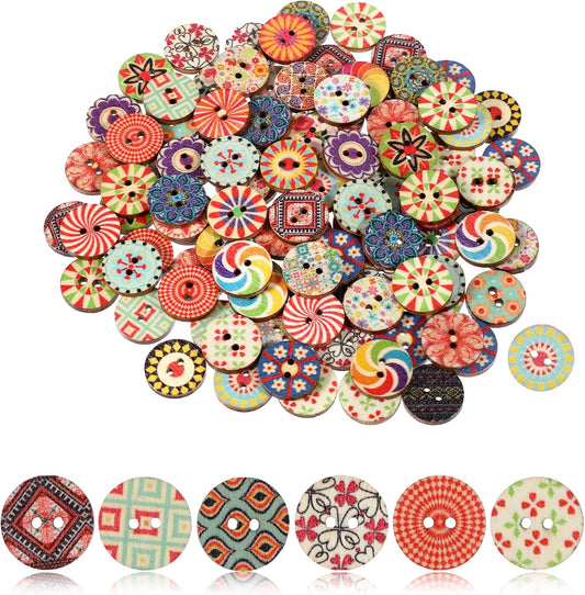 100pcs multi-color vintage wooden buttons, round, 1.5cm (0.59 inches), assorted floral patterns, perfect for sewing, knitting, crochet and scrapbooking